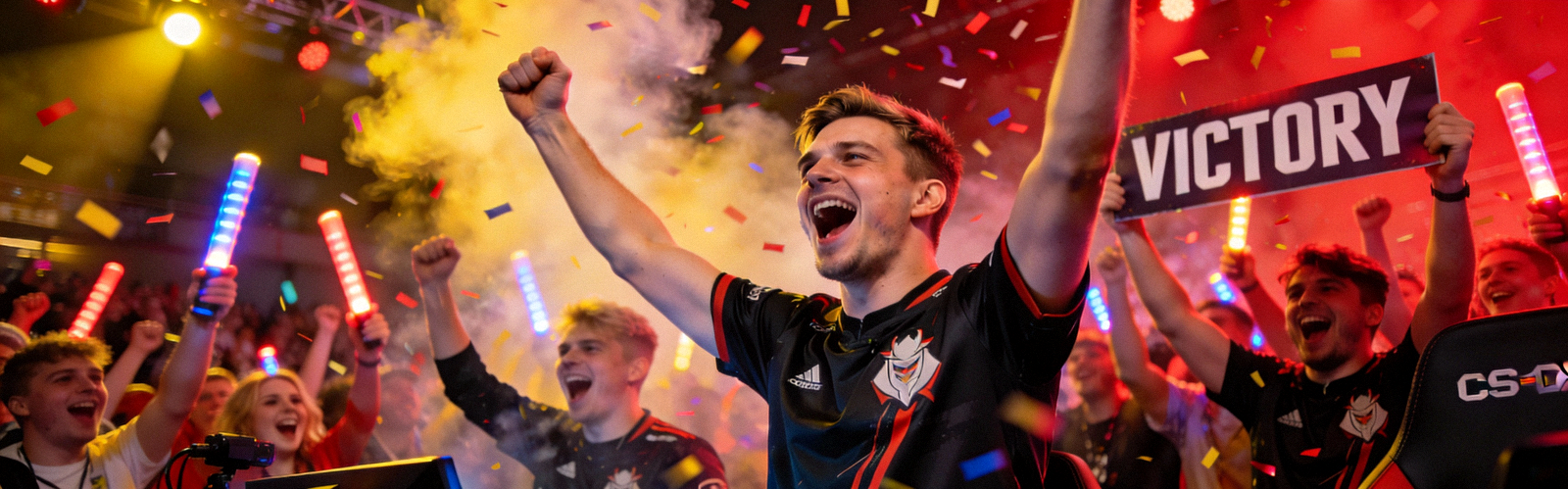 CS:GO Major锦标赛决赛瞬间 - 选手起身庆祝胜利，观众欢呼雀跃