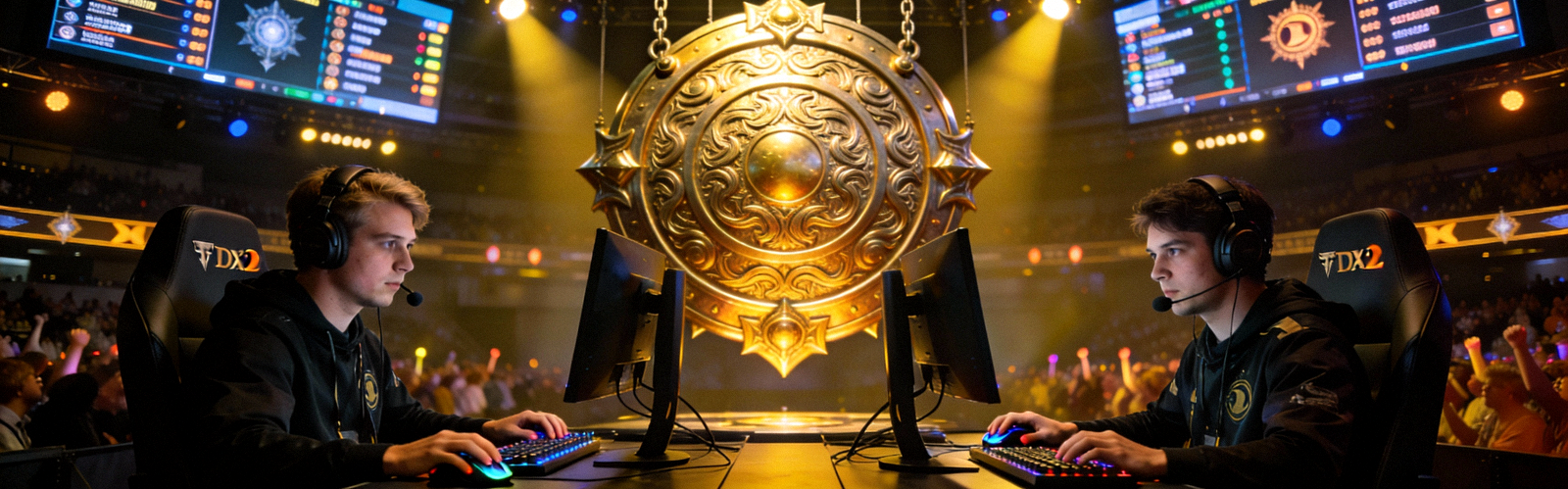 DOTA2国际邀请赛TI现场 - 选手全神贯注操作，背景是巨大的冠军神盾