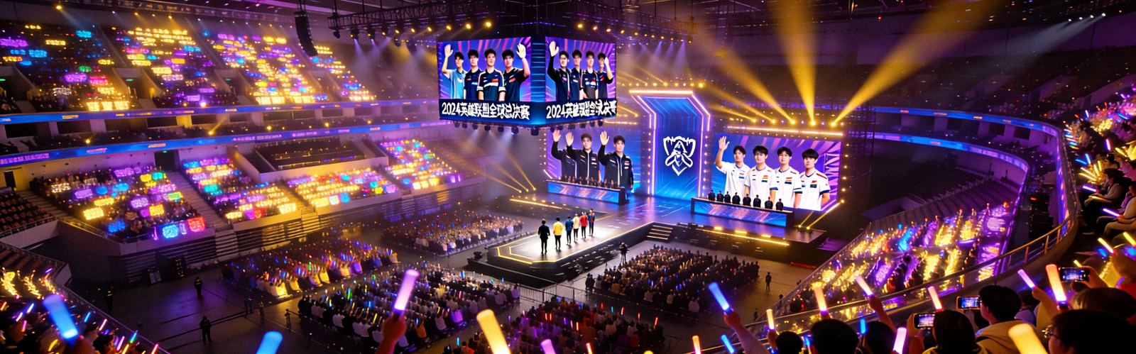 英雄联盟全球总决赛现场盛况 - 座无虚席的体育馆与绚丽的舞台灯光